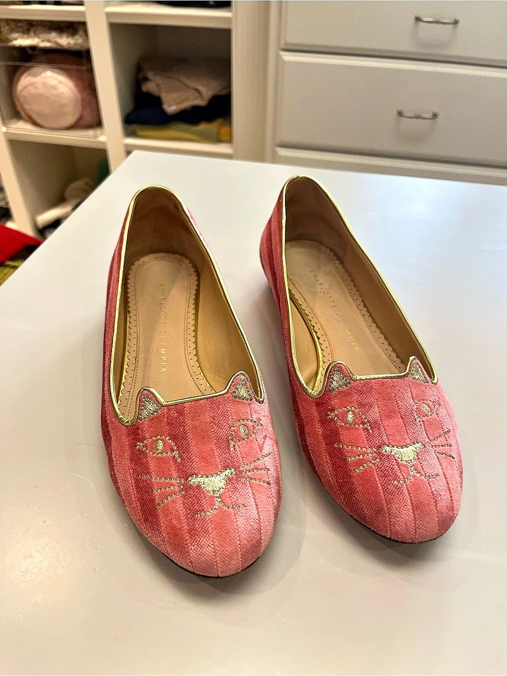 Charlotte Olympia striped velvet metallic calf flats. Candy Pink
Size 7